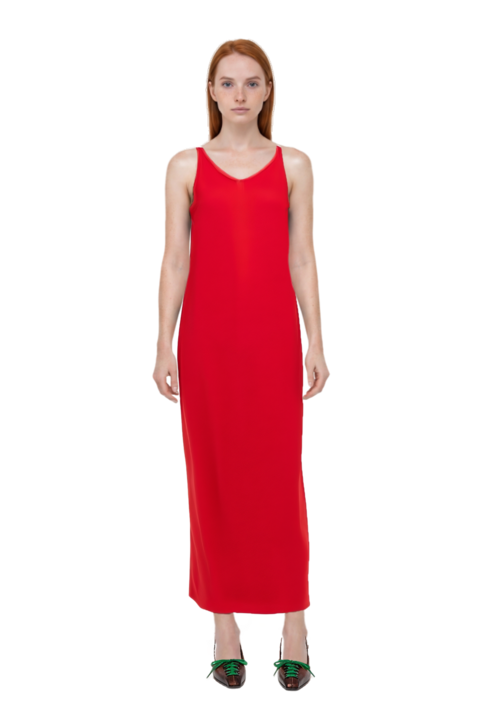 Outfit asymmetric sleeveless dress and lace-up pointed-toe pumps