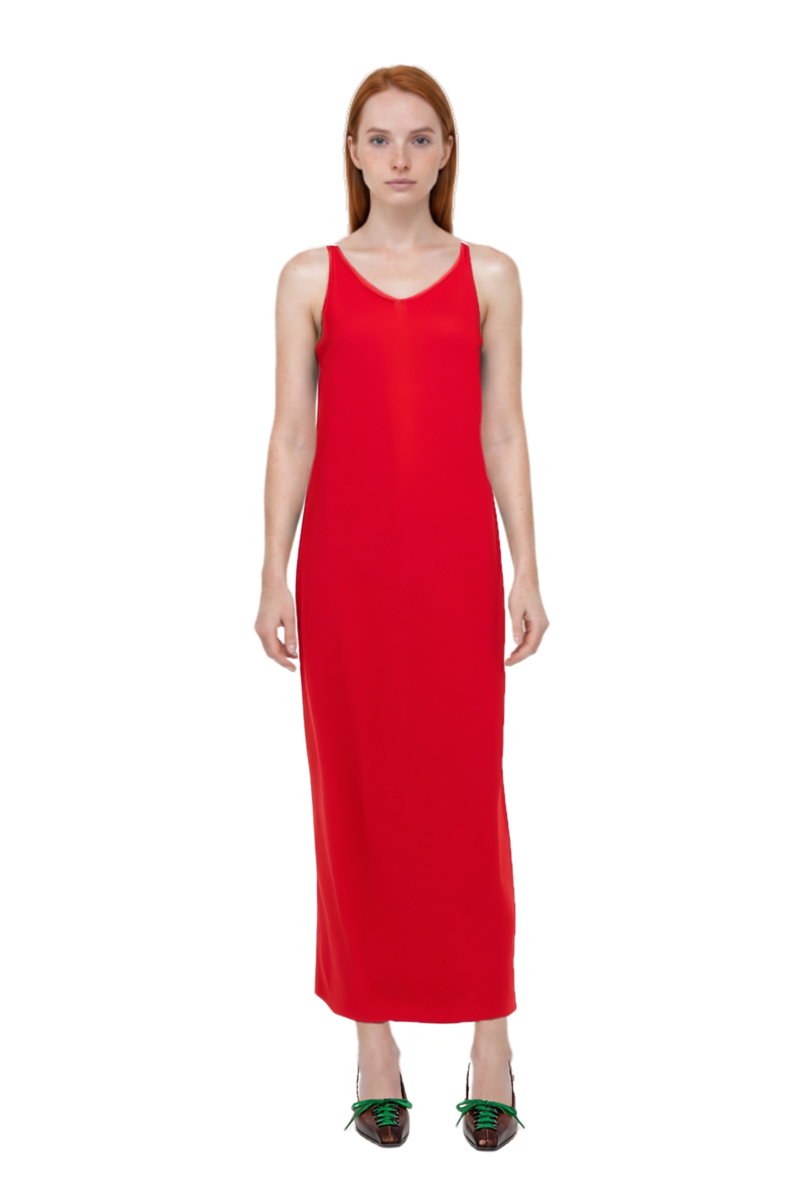 Outfit asymmetric sleeveless dress and lace-up pointed-toe pumps
