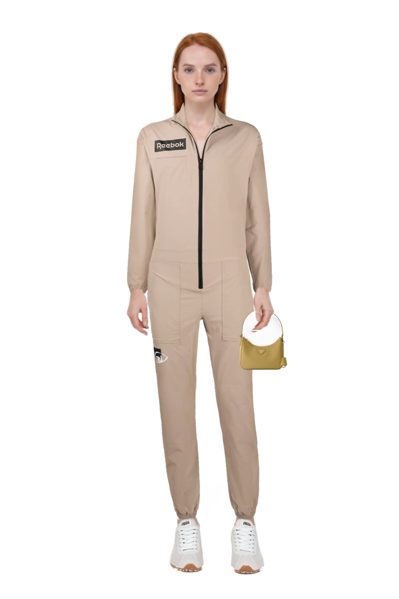 Outfit plume mesh fabric sneakers and re-edition 2005 saffiano leather mini-bag
