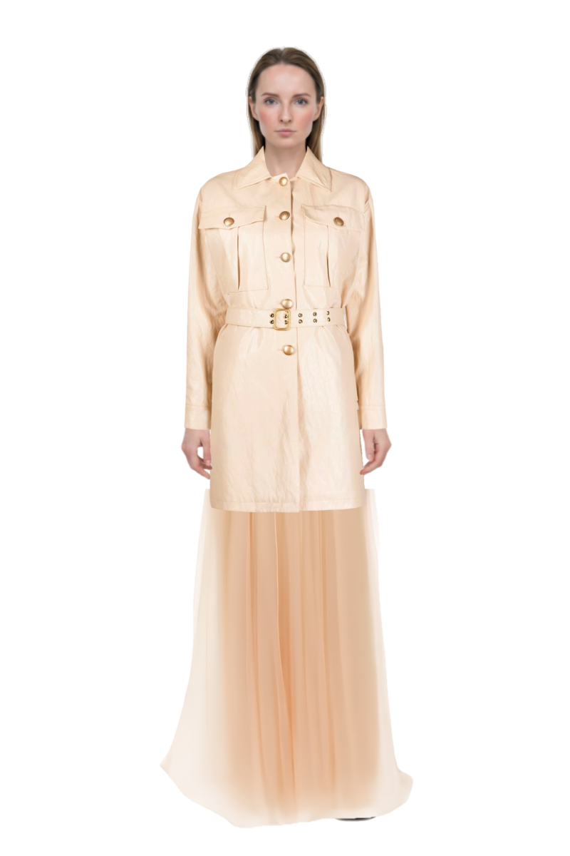 Outfit thia floral-embroidered strapless maxi dress and pinko trench coat