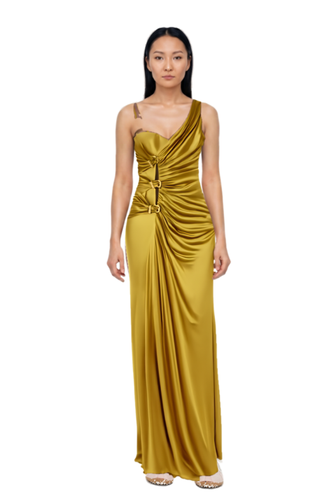 Outfit x jacquemus moon shoe sneakers and ruched evening gown