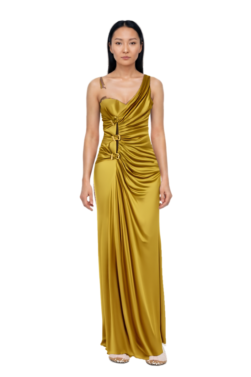 Outfit x jacquemus moon shoe sneakers and ruched evening gown