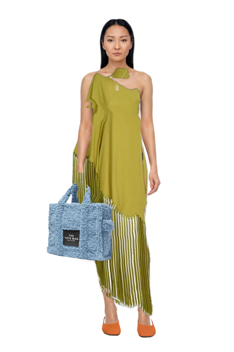 Outfit gunilla fringed one-shoulder dress and 23 bag
