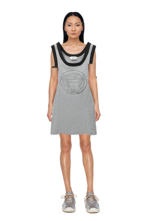 Outfit printed cotton-jersey tank top and bubble technical fabric and suede sneakers