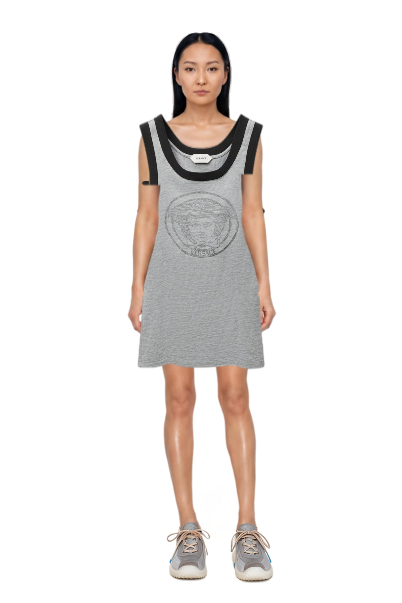 Outfit printed cotton-jersey tank top and bubble technical fabric and suede sneakers