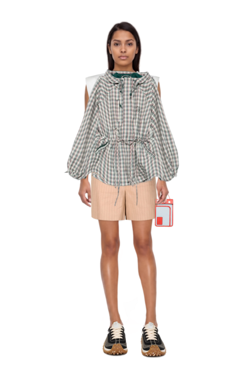 Outfit mesh mirage sneakers and liu check drawstring raincoat