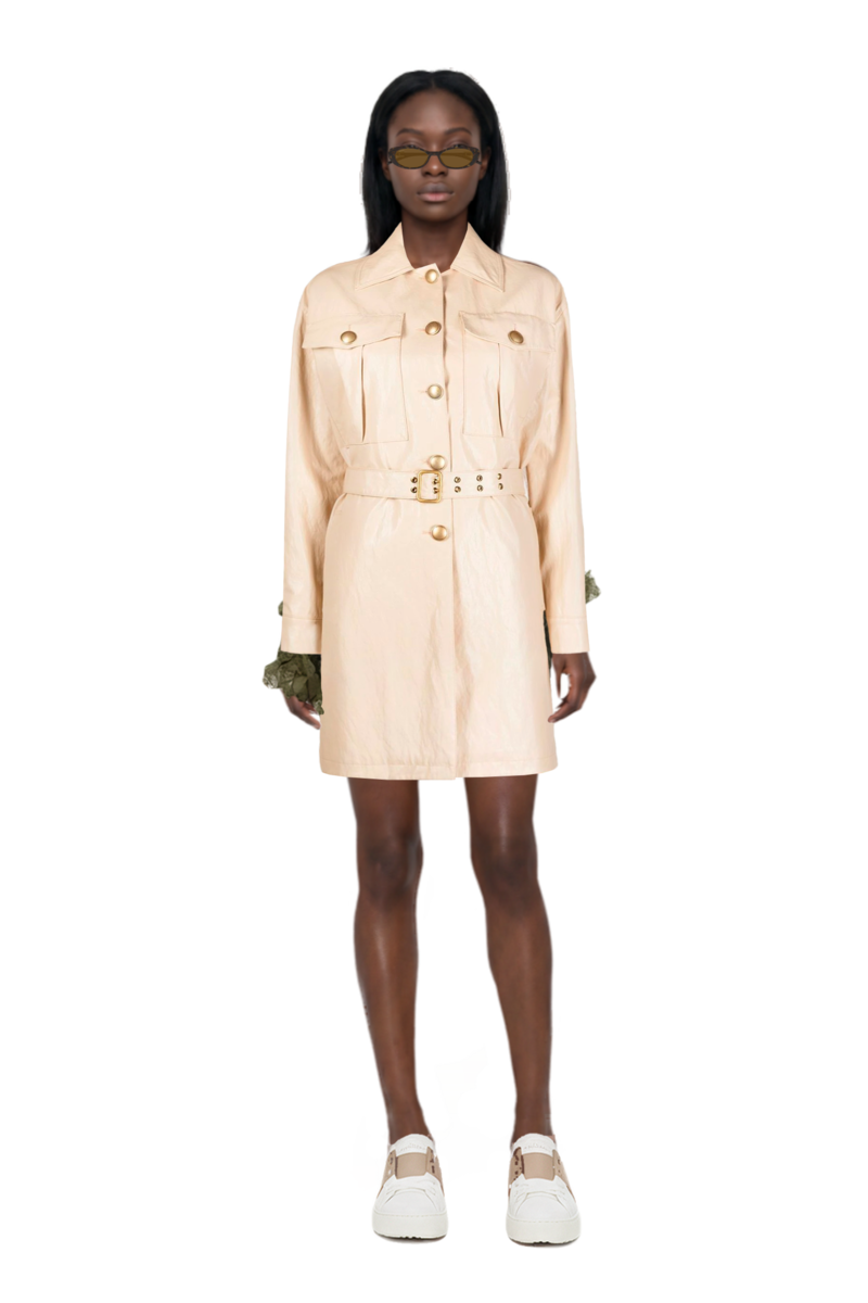 Outfit oval-frame sunglasses and ruffled mini dress