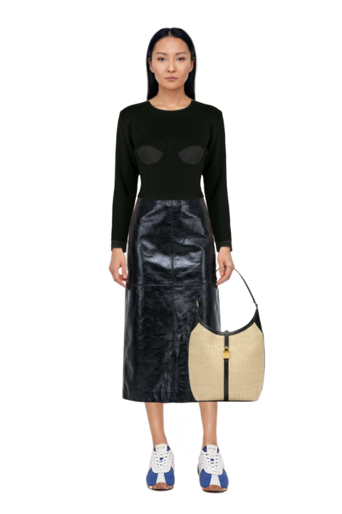 Outfit siena raffia tote bag and gwen leather midi skirt