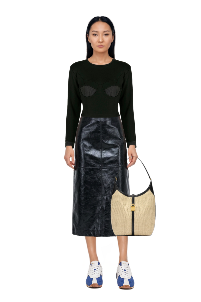 Outfit siena raffia tote bag and gwen leather midi skirt