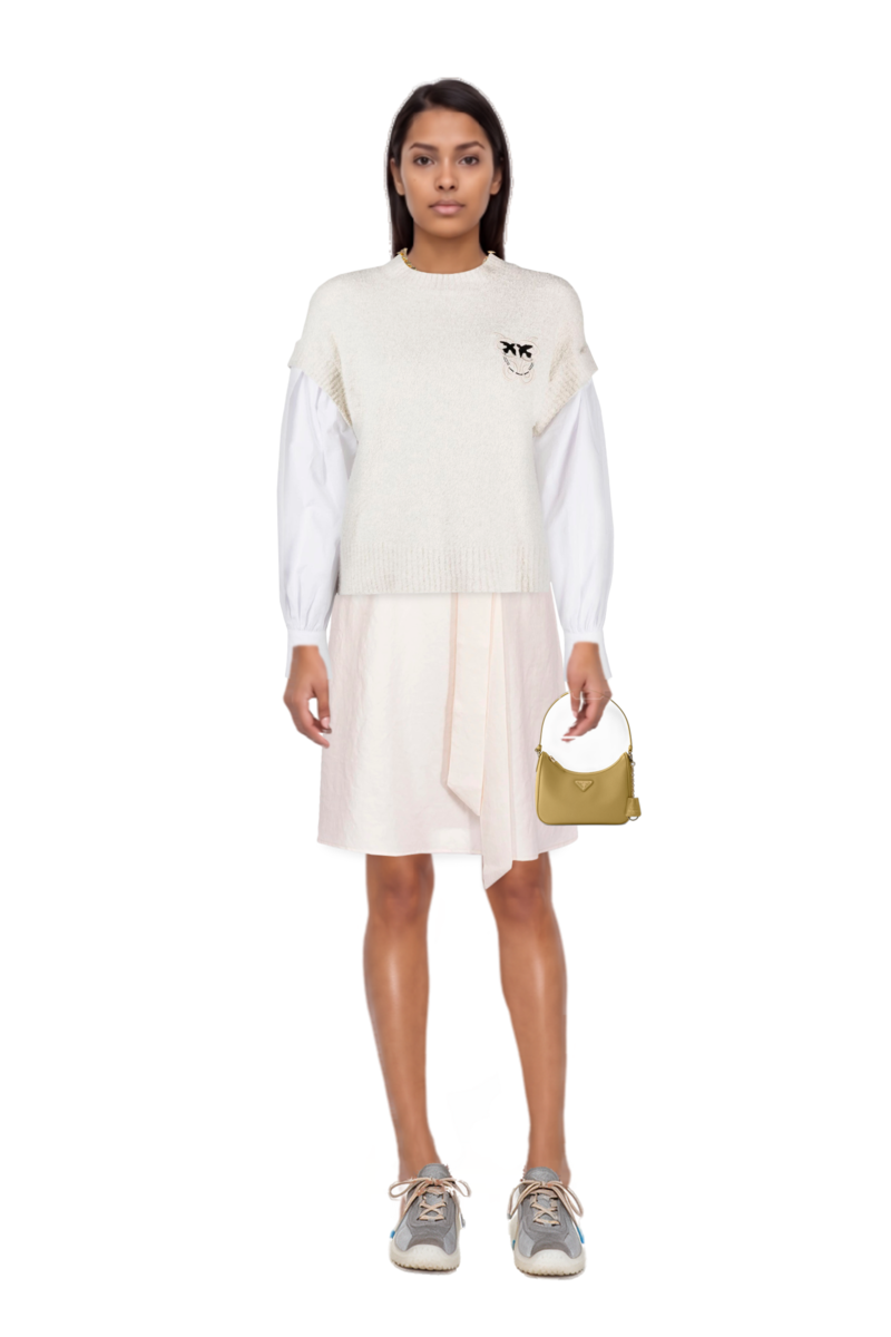 Outfit re-edition 2005 saffiano leather mini-bag and bubble technical fabric and suede sneakers