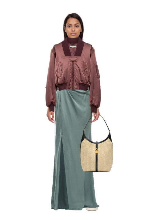 Outfit siena raffia tote bag and ribbed-trim zip-up bomber jacket