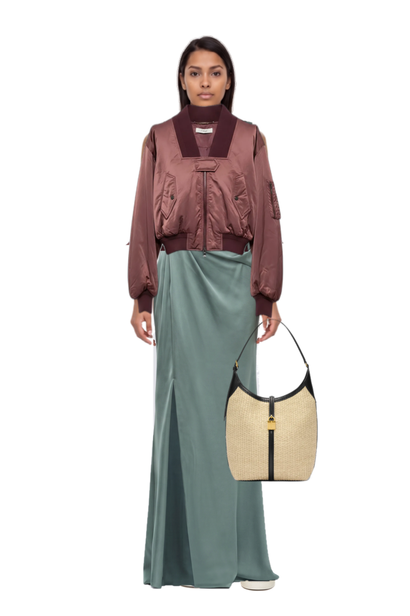 Outfit siena raffia tote bag and ribbed-trim zip-up bomber jacket