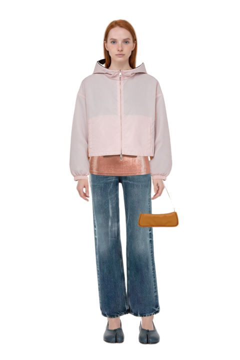 Outfit cotton jeans and reversible cropped nylon jacket