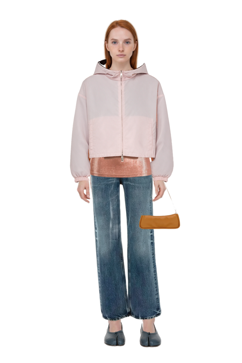 Outfit cotton jeans and reversible cropped nylon jacket