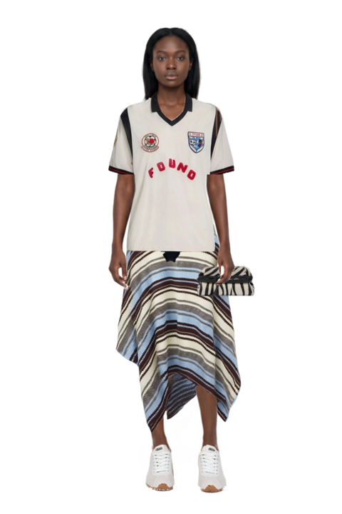 Outfit striped handkerchief-hem midi skirt and plume mesh fabric sneakers