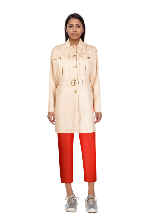 Outfit bubble technical fabric and suede sneakers and pinko trench coat