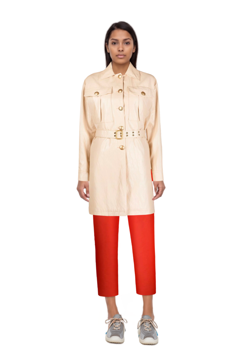 Outfit bubble technical fabric and suede sneakers and pinko trench coat