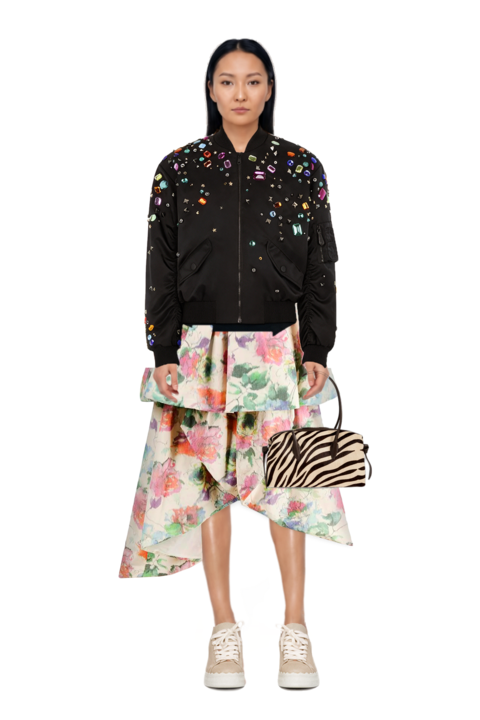 Outfit brioche duffle zebra-print shoulder bag and embellished bomber jacket