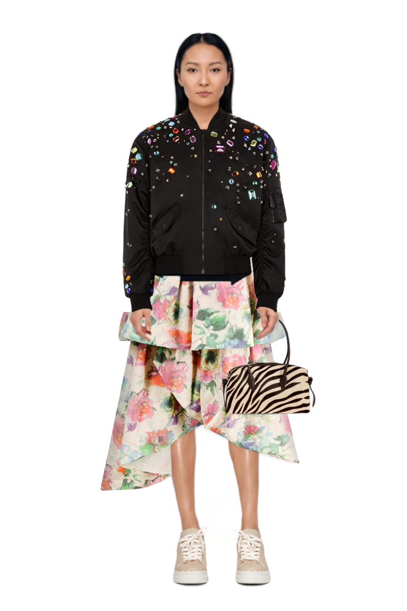 Outfit brioche duffle zebra-print shoulder bag and embellished bomber jacket