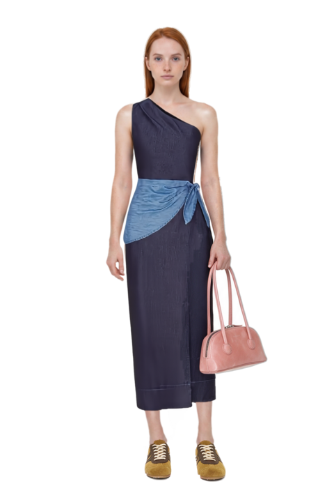 Outfit belem chambray one-shoulder midi dress and bessette leather tote bag
