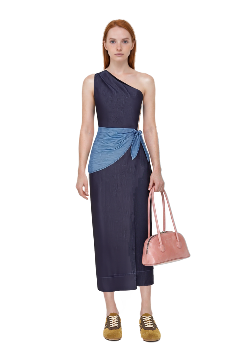 Outfit belem chambray one-shoulder midi dress and bessette leather tote bag