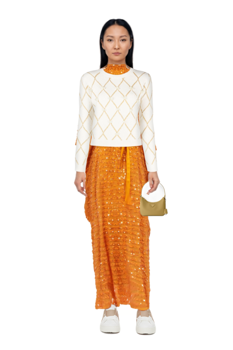 Outfit re-edition 2005 saffiano leather mini-bag and caracciolo kaftan dress 