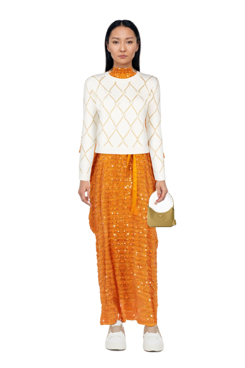 Outfit re-edition 2005 saffiano leather mini-bag and caracciolo kaftan dress 