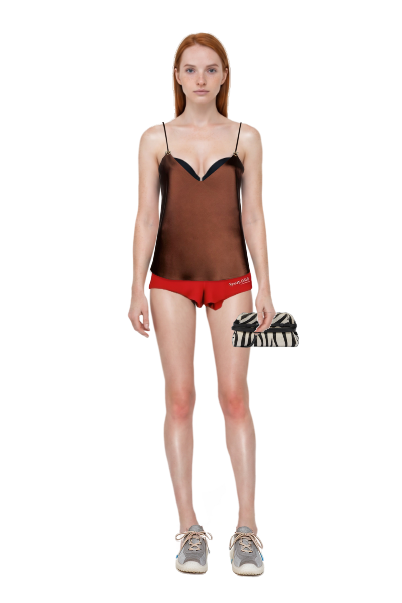 Outfit zebra-print leather clutch bag and bubble technical fabric and suede sneakers