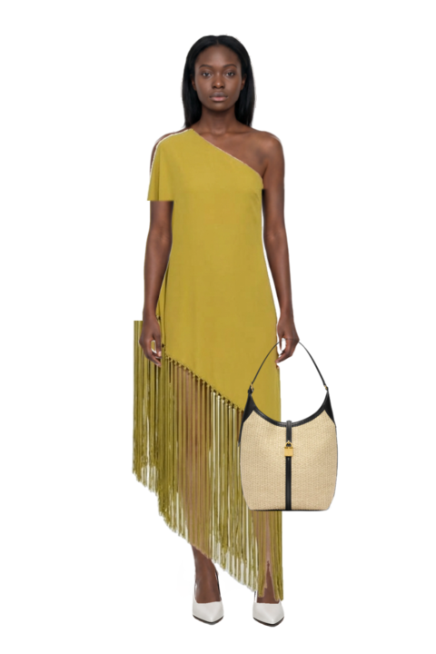 Outfit gunilla fringed one-shoulder dress and siena raffia tote bag