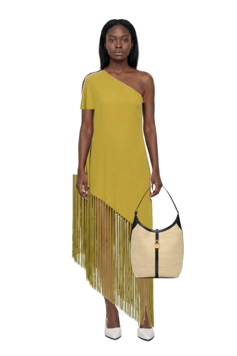 Outfit gunilla fringed one-shoulder dress and siena raffia tote bag