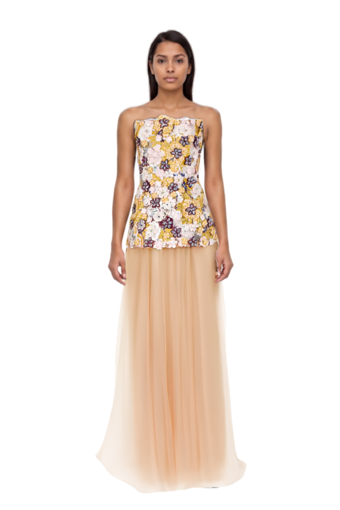 Outfit thia floral-embroidered strapless maxi dress and 23 ankle boots
