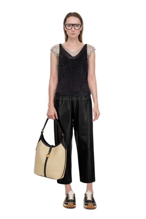 Outfit mesh mirage sneakers and siena raffia tote bag