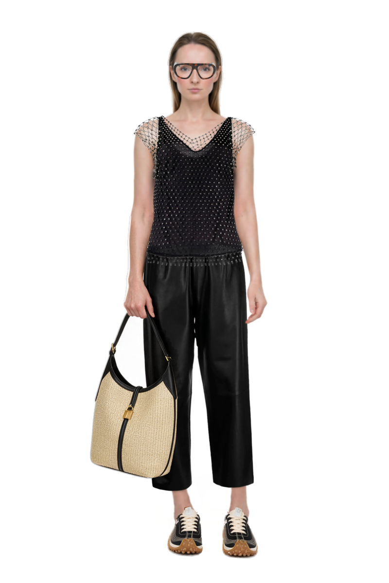Outfit mesh mirage sneakers and siena raffia tote bag