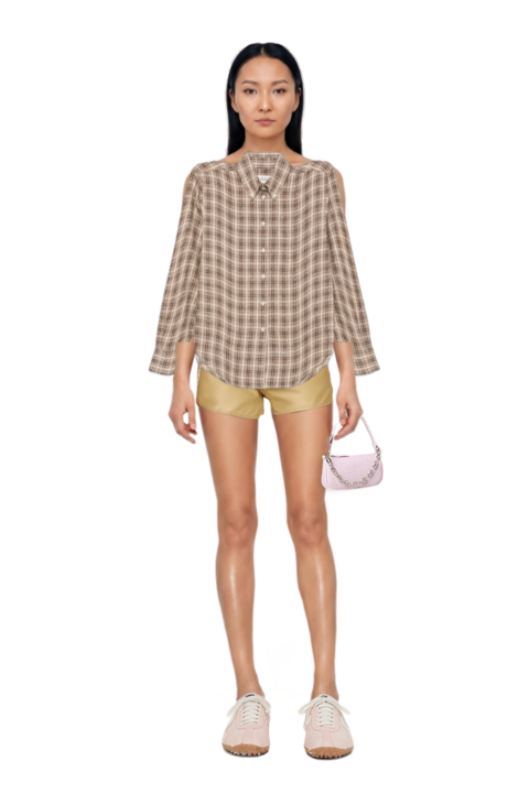Outfit check-pattern shirt and x jacquemus moon shoe sneakers