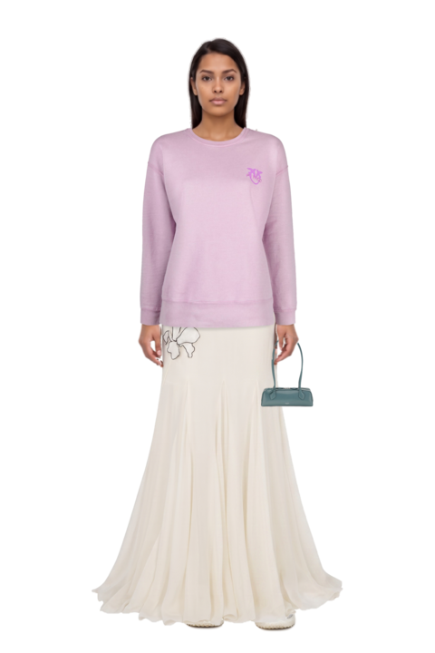 Outfit bubble technical fabric and suede sneakers and flower-appliqués silk maxi dress