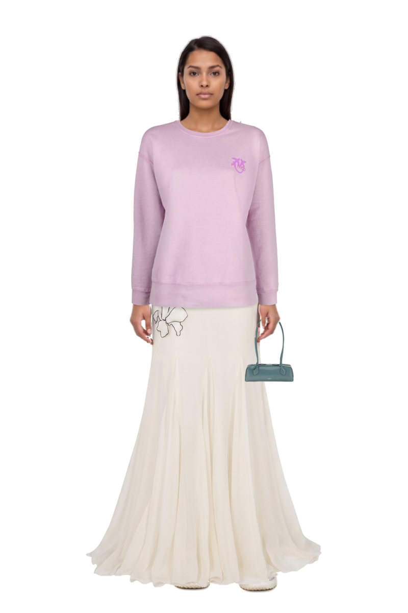 Outfit bubble technical fabric and suede sneakers and flower-appliqués silk maxi dress
