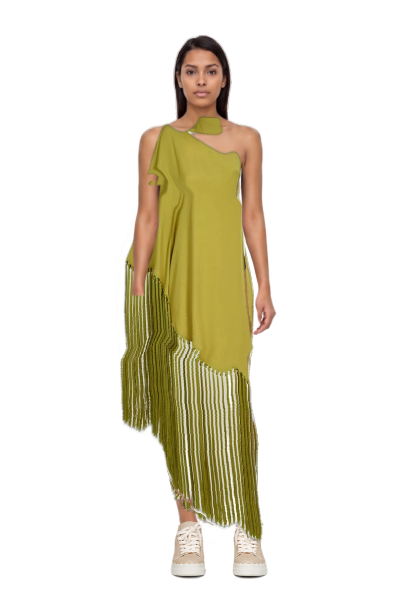 Outfit gunilla fringed one-shoulder dress and 23 sneakers