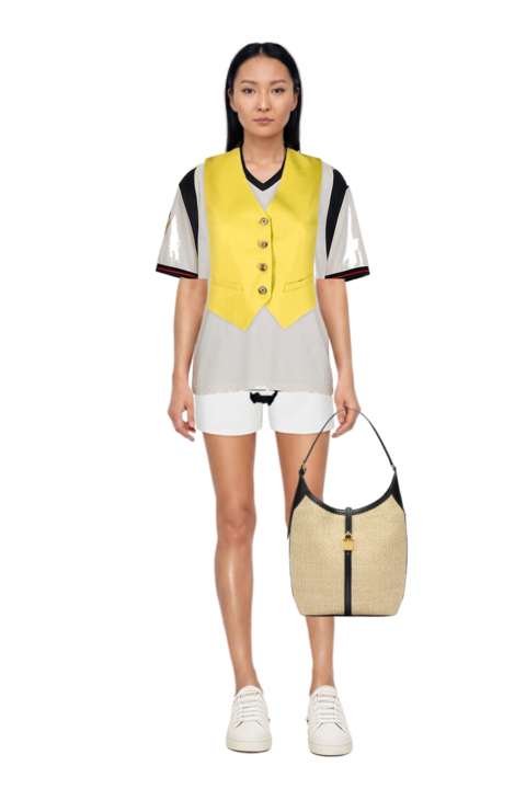 Outfit embroidered-patch panelled t-shirt and siena raffia tote bag