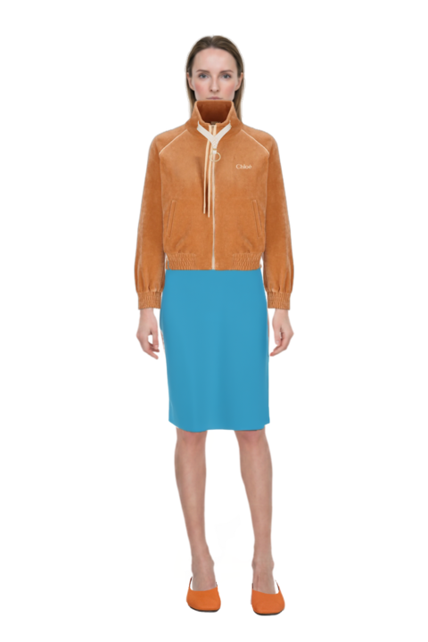 Outfit logo-embroidered velvet sweater and high-waist pencil skirt
