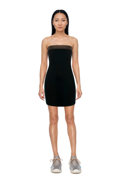 Outfit bubble technical fabric and suede sneakers and pinko dress