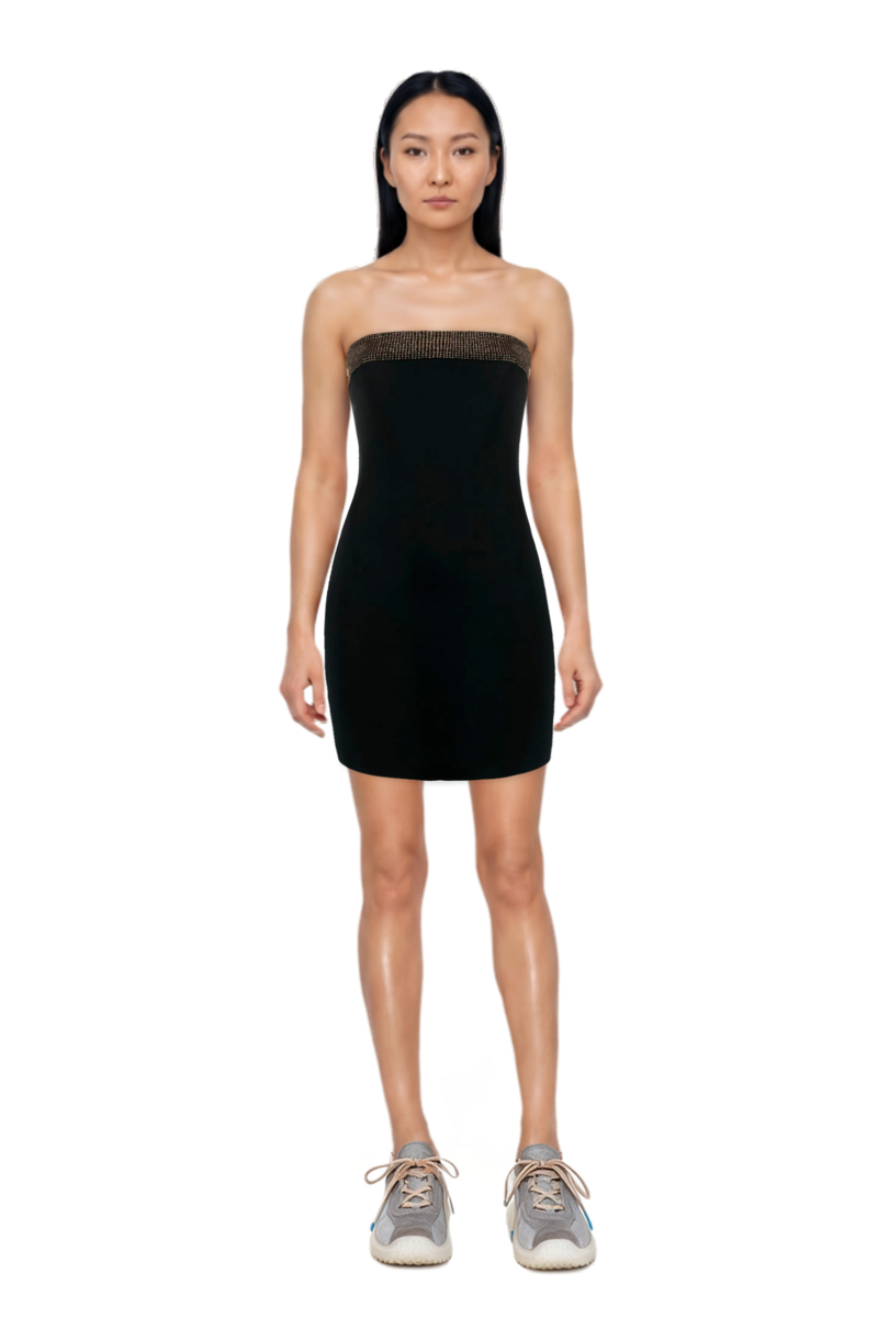 Outfit bubble technical fabric and suede sneakers and pinko dress