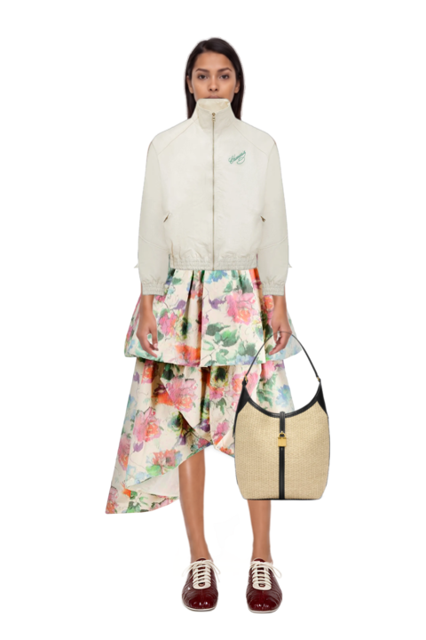 Outfit siena raffia tote bag and ruff rider embroidery-logo bomber jacket
