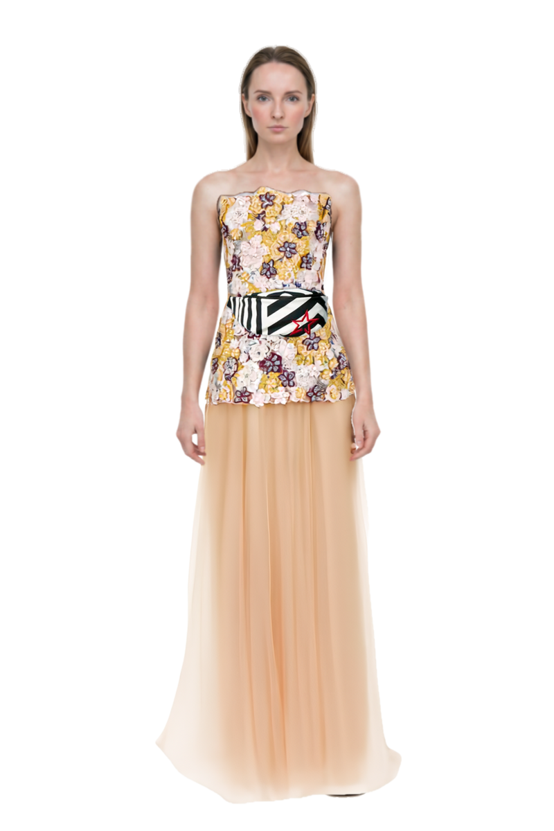 Outfit thia floral-embroidered strapless maxi dress and 23 bag