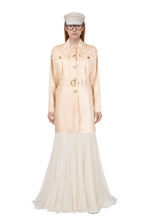 Outfit flower-appliqués silk maxi dress and acetate geometric sunglasses