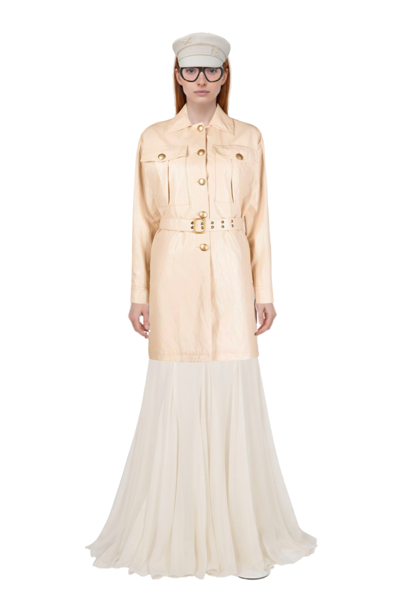 Outfit flower-appliqués silk maxi dress and acetate geometric sunglasses