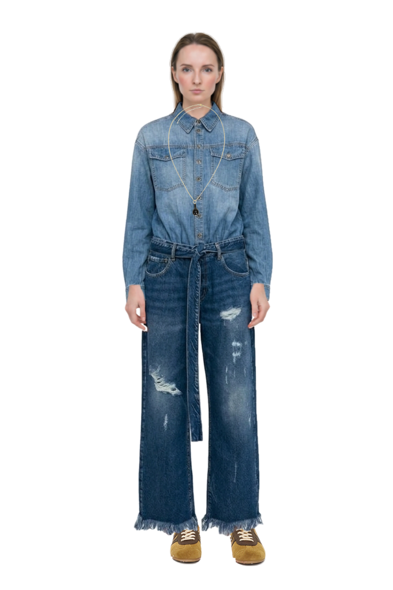 Outfit drop-pendant necklace and suede sneakers