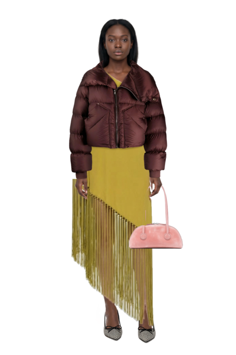 Outfit gunilla fringed one-shoulder dress and bessette leather tote bag