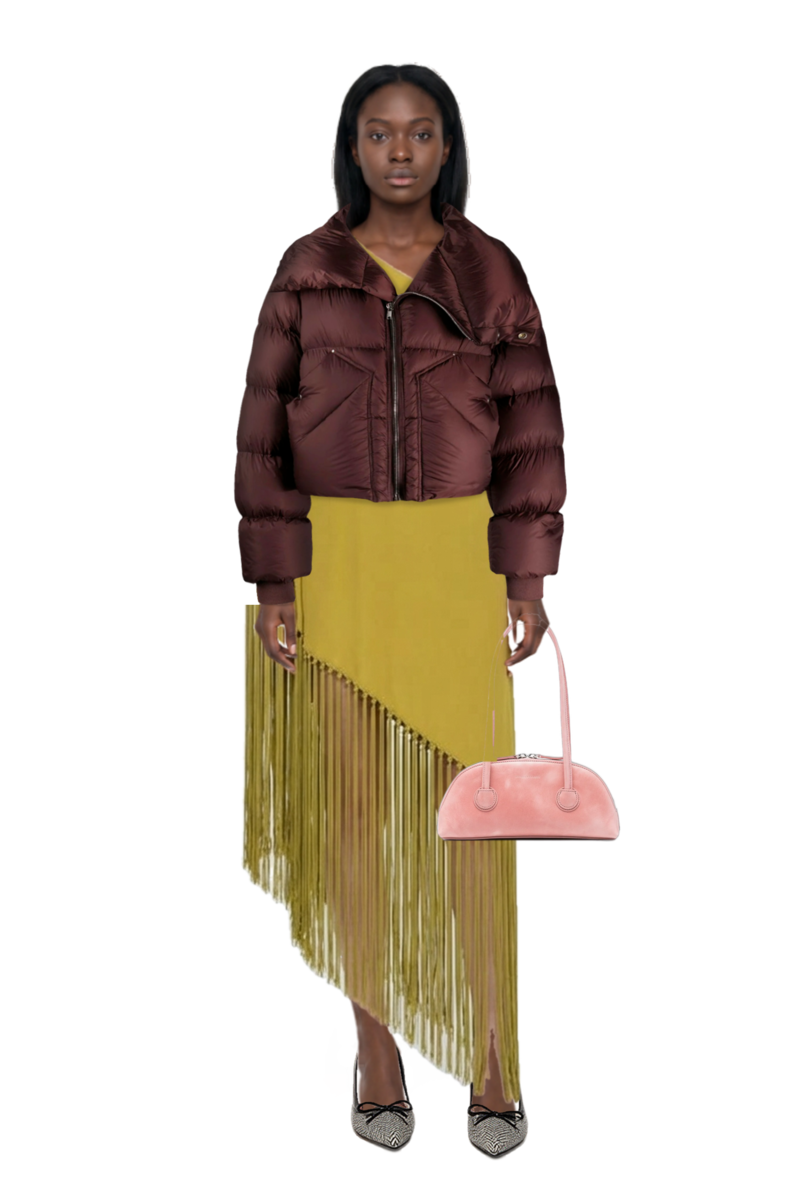 Outfit gunilla fringed one-shoulder dress and bessette leather tote bag