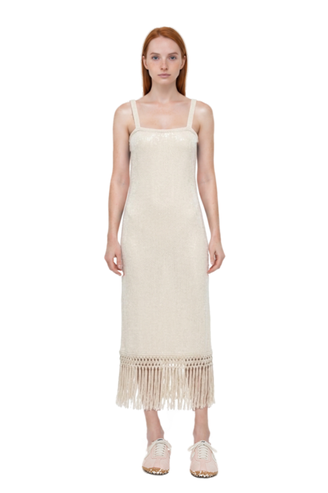 Outfit agrigento disco sequin fringed midi dress and x jacquemus moon shoe sneakers