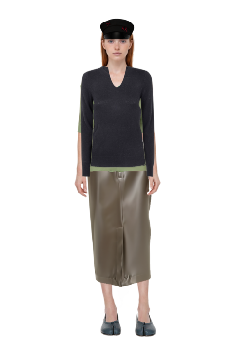 Outfit midi skirt and waffle-knit short-sleeve sweater